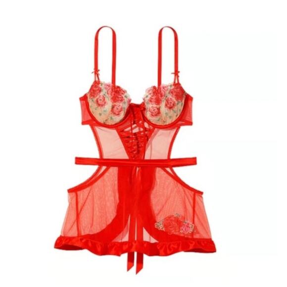 Victoria’s Secret Wicked Floral Embroidery Red Sheer Lace Apron NWT~NEW💋 - Picture 4 of 16